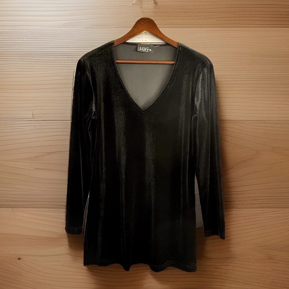 Vintage Tunic Libra L Black Velvet V-Neck Side Slit Long Sleeve Top
